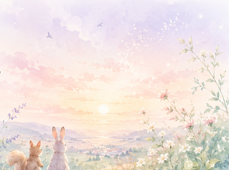 夕暮れの丘で花畑と夕日をながめるうさぎとリスの水彩イラスト
