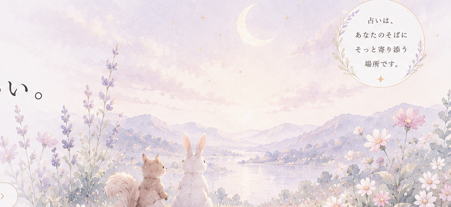 夕暮れの湖畔でならんで座るリスとうさぎのイラスト